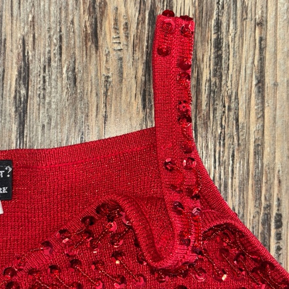 Quest-Ce Que C'est? Silk & Metallic V-Neck Tank Top Womens Lg Red Beads Sequins - Picture 10 of 11